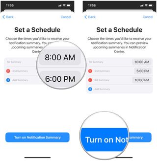 Set up Notification Summary on iPhone by showing: Select the time for your first two summaries, add a third one or more if you want, then pick the time to receive, then tap Turn On Notification Summaries