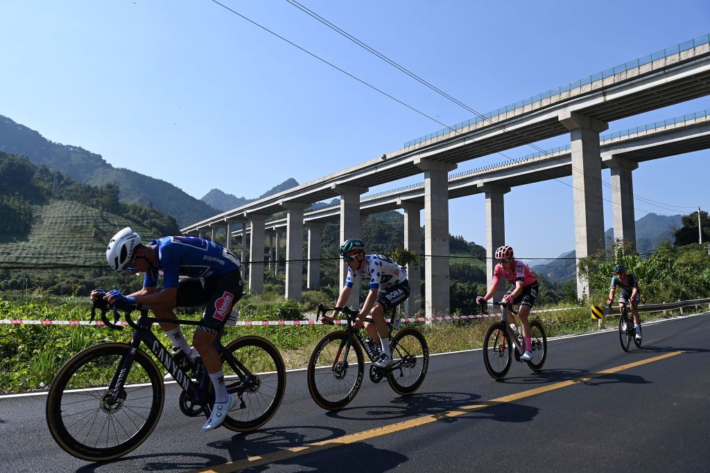 GUILIN CHINA OCTOBER 16 LR Dries De Bondt of Belgium and Team AlpecinDeceuninck Blue Sprint Jersey Frederik Wandahl of Denmark Polka dot Mountain Jersey Julius Van Den Berg of The Netherlands and Team EF EducationEasypost and Ryan Mullen of Ireland and Team BORAHansgrohe compete in the breakaway during the 4th GreeTour of Guangxi 2023 Stage 5 a 2096km stage from Liuzhou to Guilin UCIWT on October 16 2023 in Guilin China Photo by Tim de WaeleGetty Images
