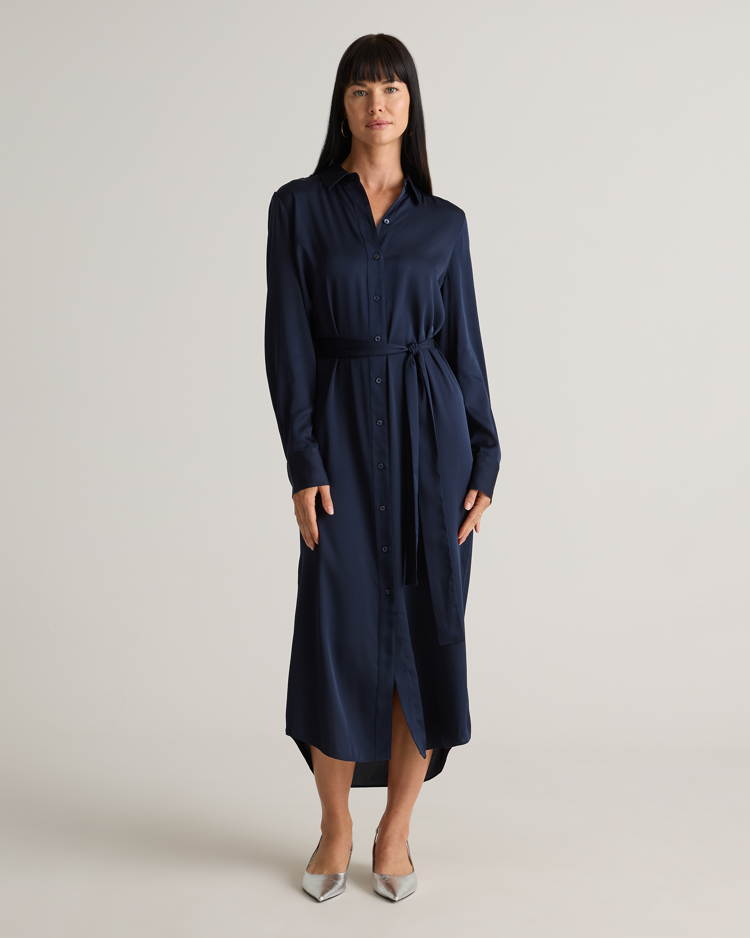 Washable Stretch Silk Maxi Shirt Dress in Navy