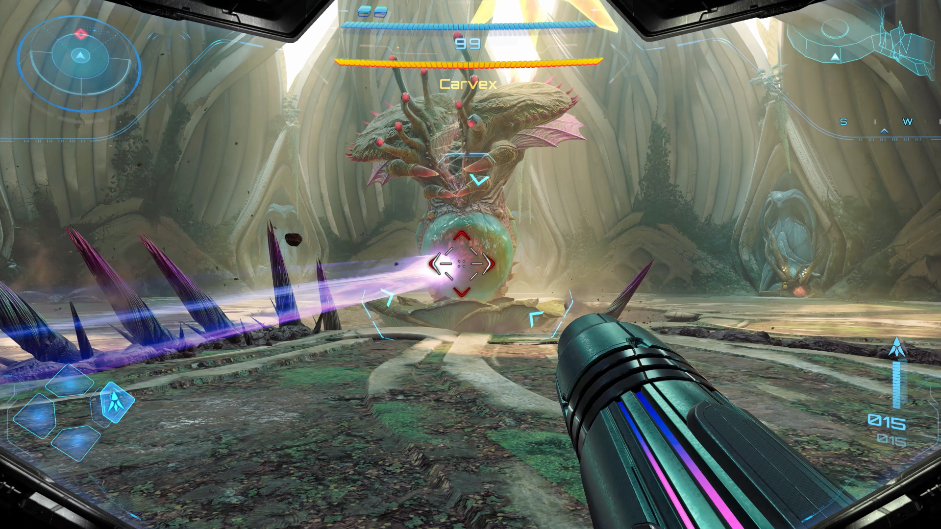 A screenshot shows the Metroid Prime 4 boss Carvex being hit by a pink beam of light