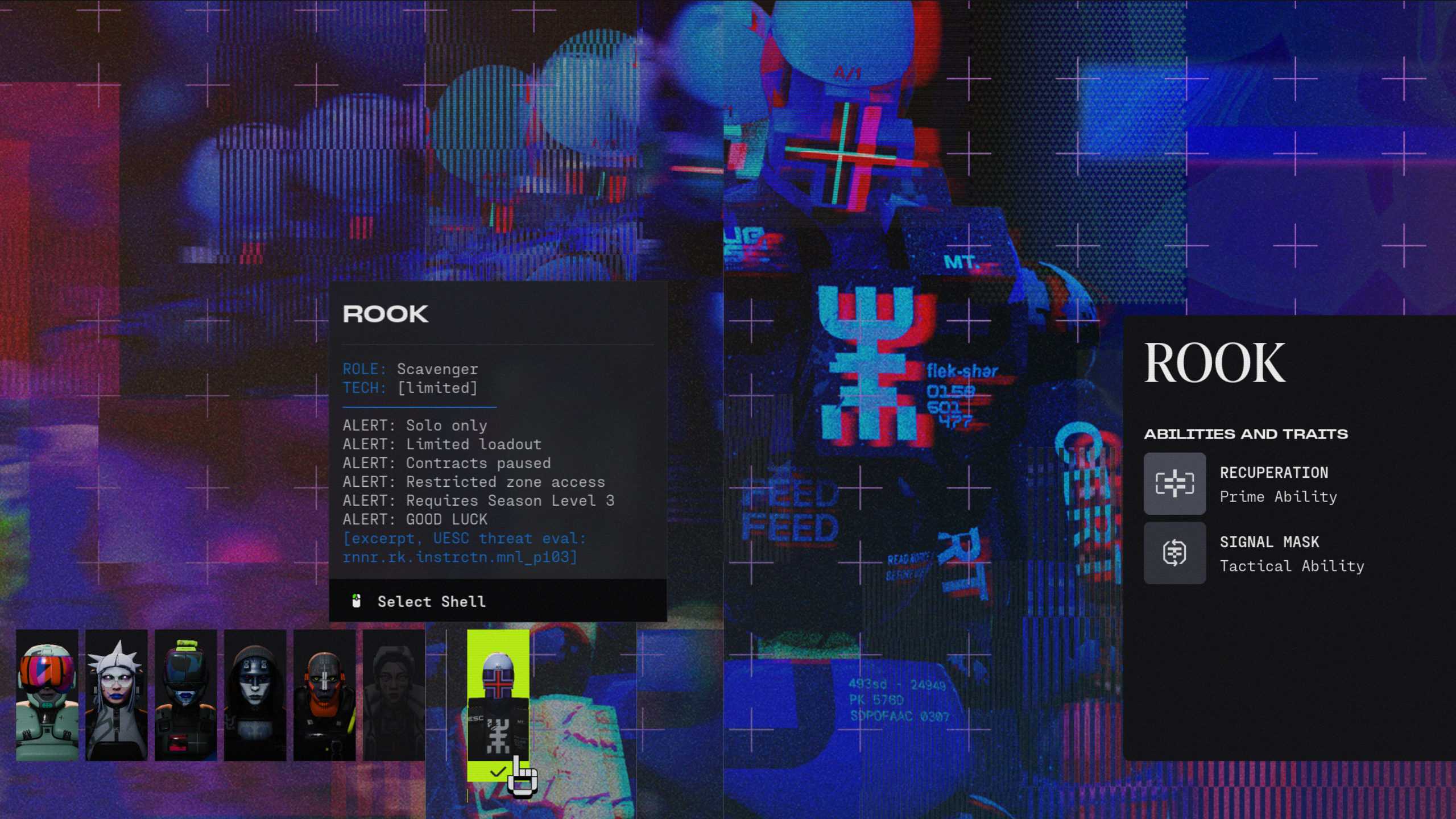 Best Marathon characters: The Rook Runner Shell in the main menu, showing the character and their class abilities.