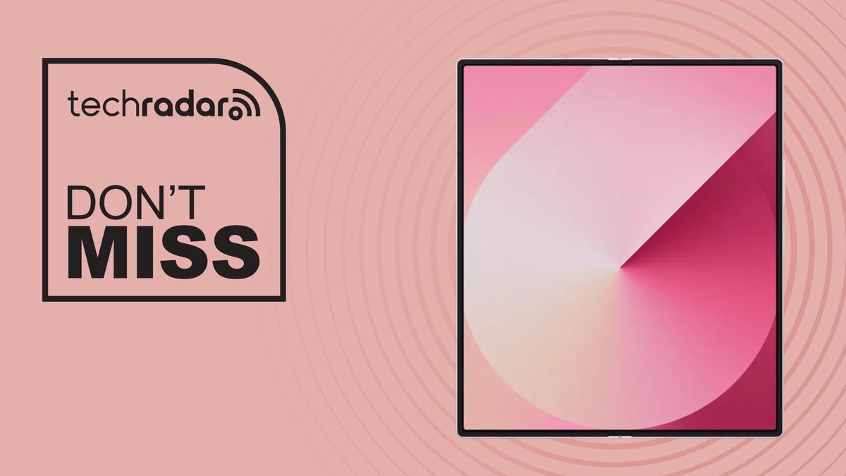 Samsung Galaxy Z Fold 6 on pink background with don&#039;t miss text overlay