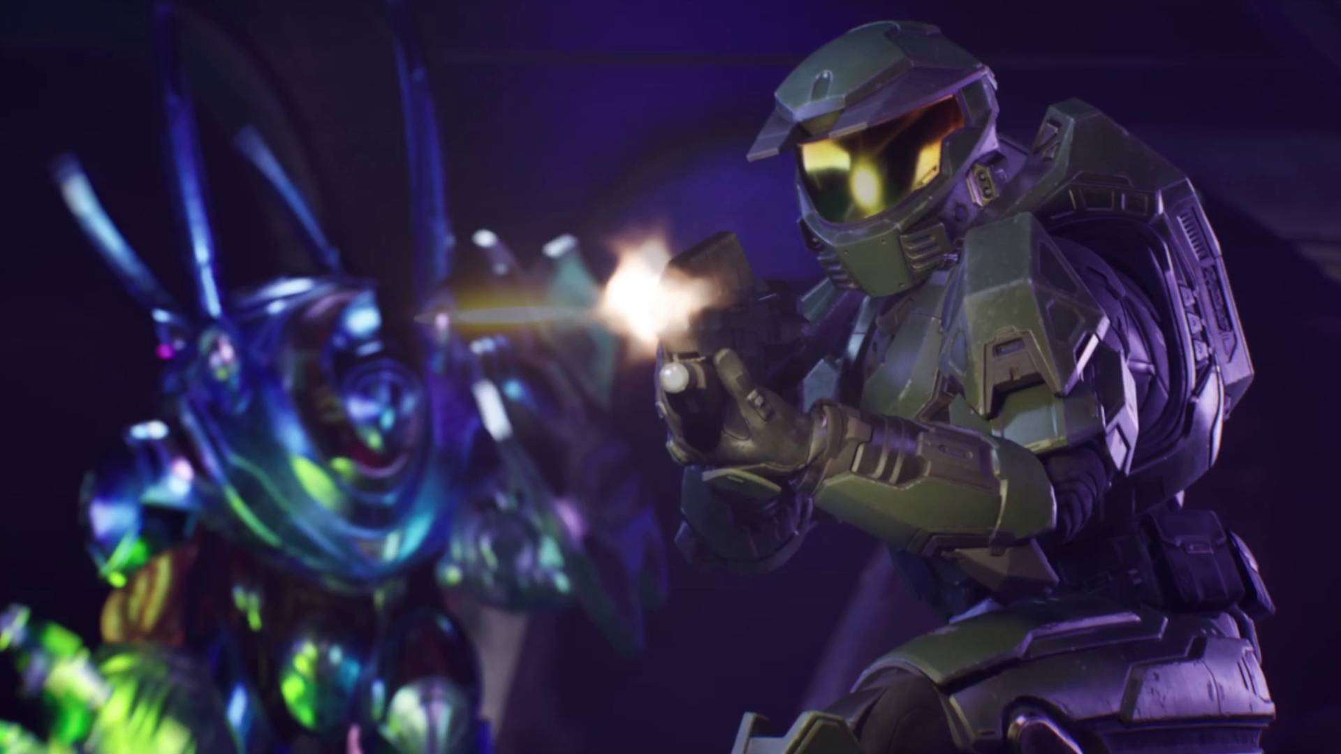 Halo: Campaign Evolved Master chief shooting towards the camera as a hunter runs up from behind