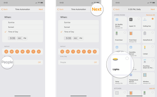 How to set up automations in the Home app on iOS 14 on the iPhone by showing steps: Tap People, Tap Next, Choose Accessories or Scenes