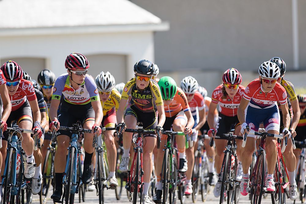 Lotte Kopecky (Lotto Soudal) and Marie Vilmann (BMS Birn) lead the peloton up the first GPM at the 108 km Stage 2 of the Lotto Belgium Tour