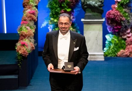 Turkish-US economist Daron Acemoglu after being awarded during the Nobel Prize award 