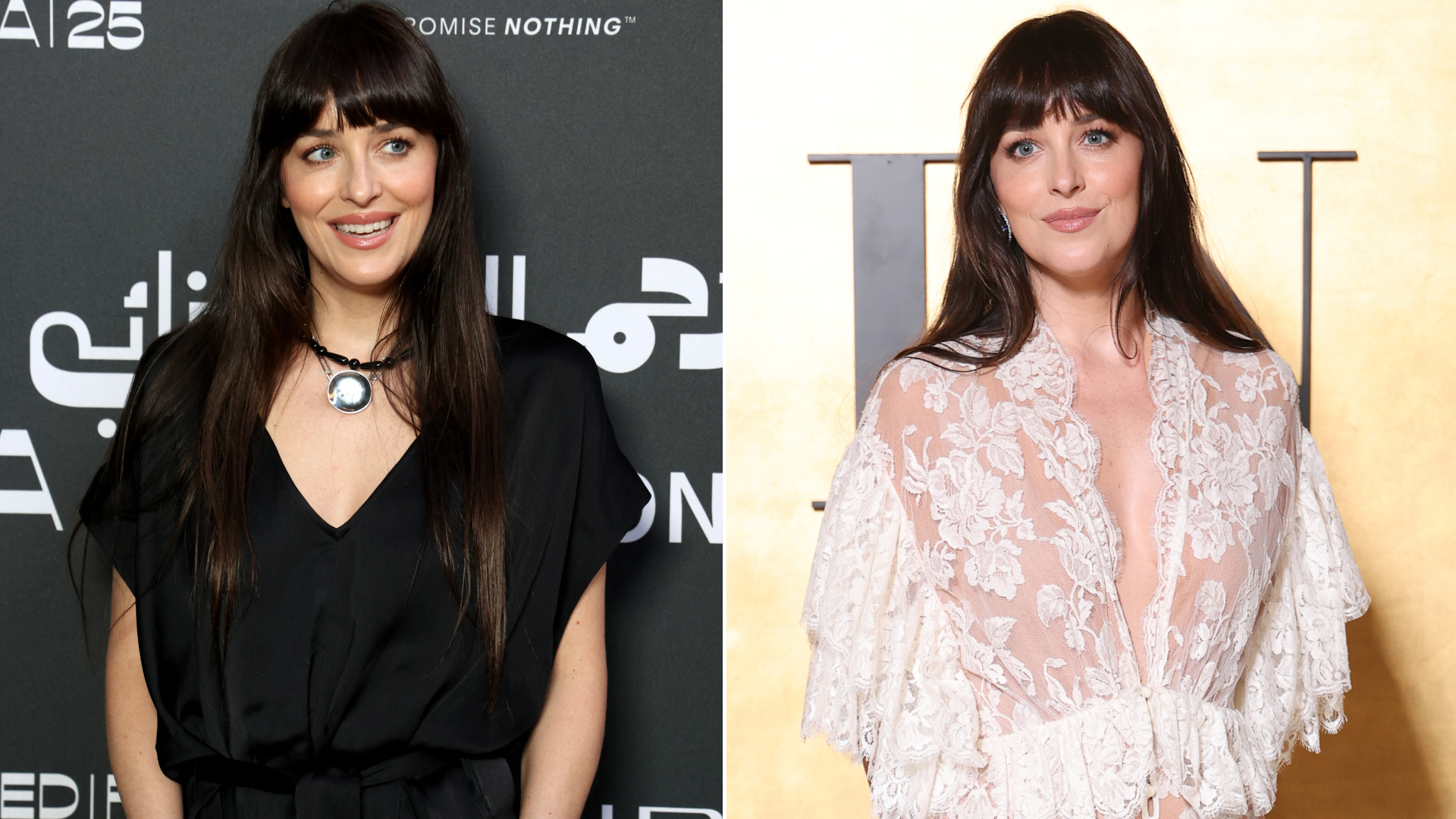 Dakota Johnson traded the pendant necklace trend for a sheer naked lace dress from Chloé Fall 2025