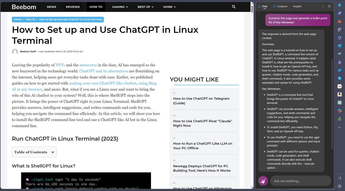 Bing Chat in Edge summarizing a web page