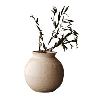 A cream ceramic vase with greenery