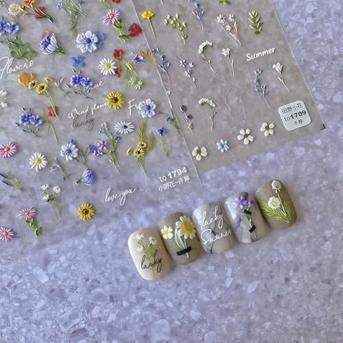 Cosmeria Nail Stickers, 2 Sheets 5d Floral Nail Art Stickers, Summer Flower Designs With Wildflowers, Daisies and Leaves, for Women and Girls : Amazon.co.uk