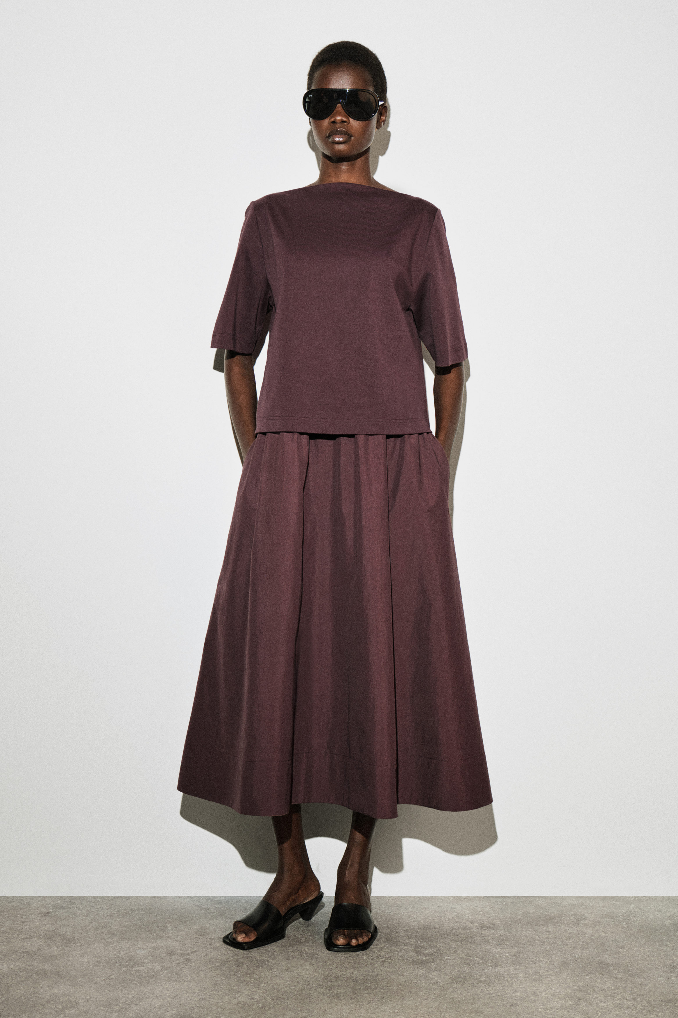 Contrast-Panel Boat-Neck Midi Dress