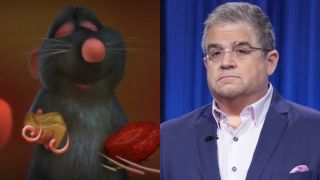 Split image: Remy from Ratatouille eating cheese and a strawberry and Patton Oswalt on Celebrity Jeapordy