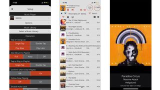 Screenshots of Audiolab 9000N iOS app showing options, playlists and now playing screen