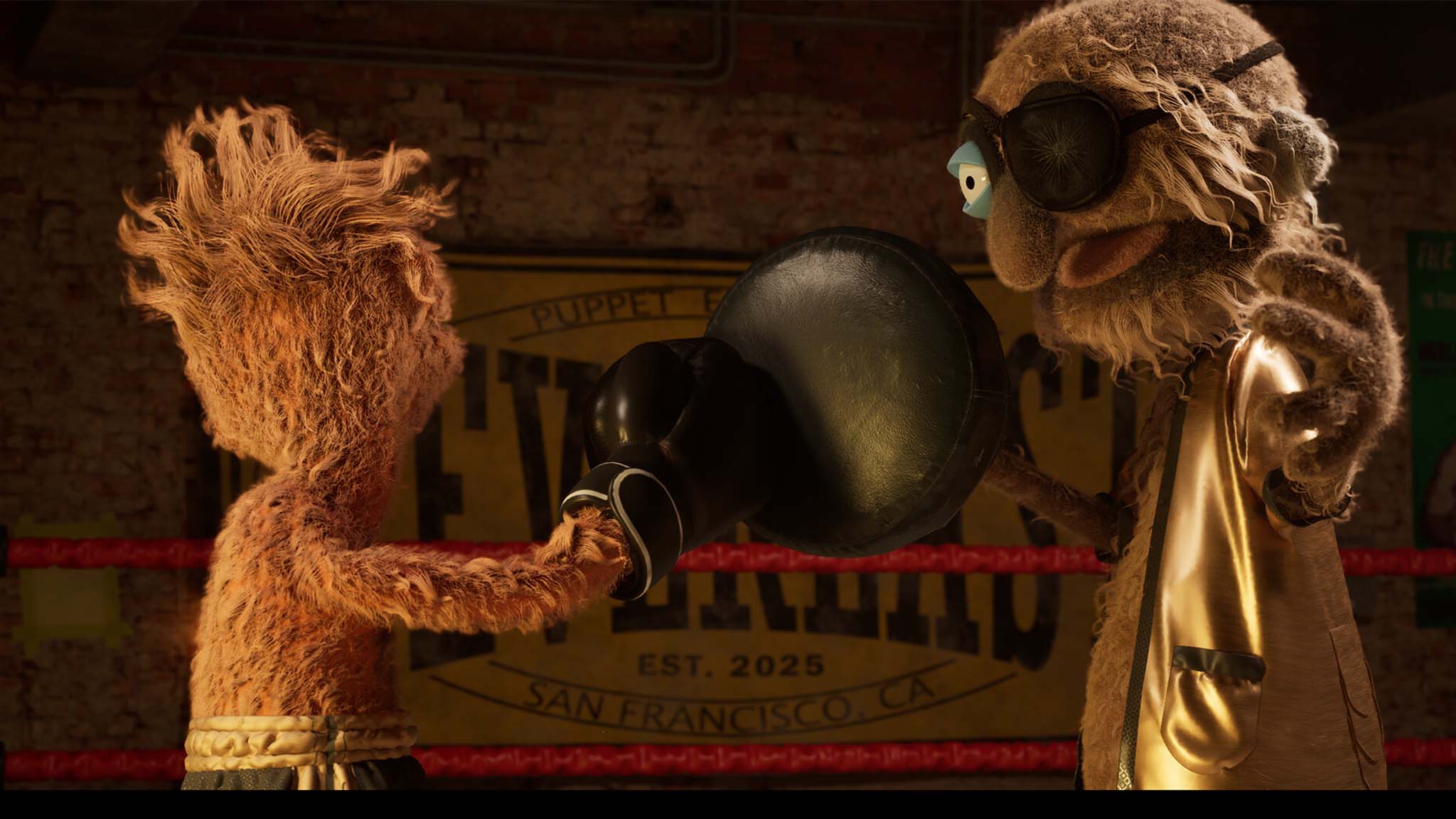 Screenshot showing two puppets from Felt That: Boxing in a ring.