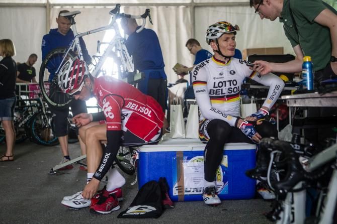 Andre Greipel (Lotto) gets interviewed before the start of racing.
