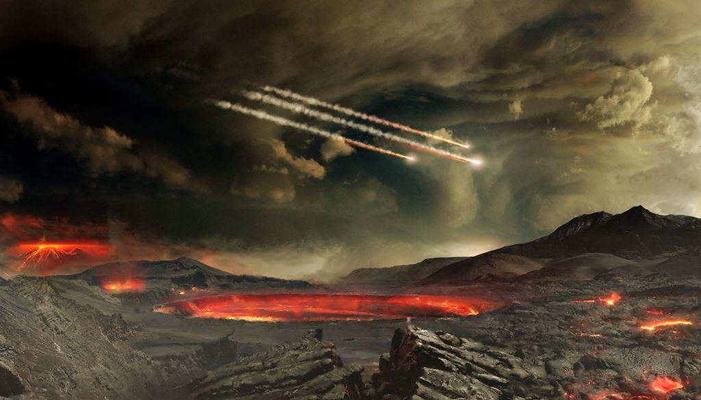 In this artist&#039;s illustration, fiery meteors fall to the crater- and lava-pocked Earth billions of years ago.