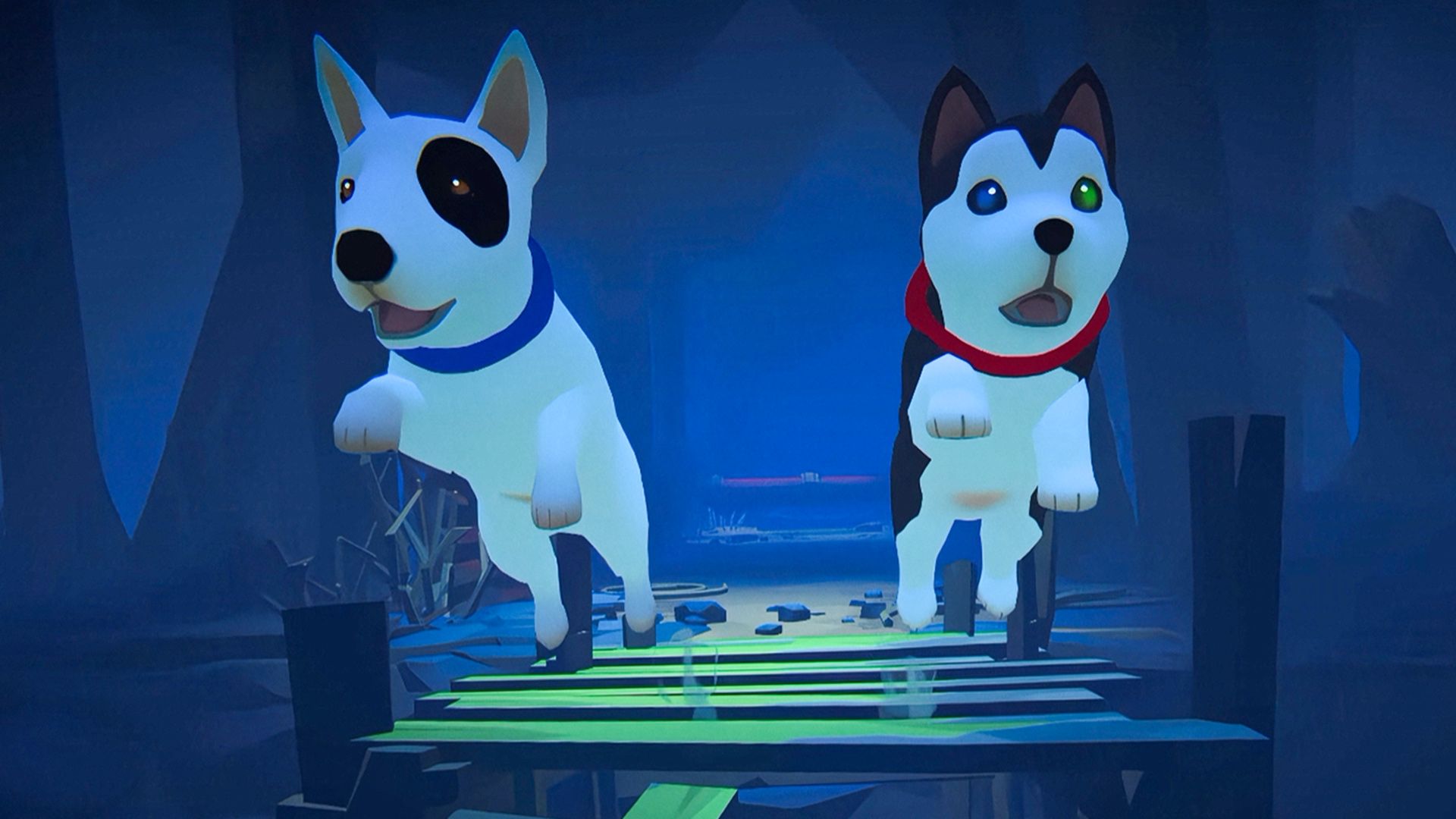 Haunted Paws - A Bull Terrier and Husky puppy jumping over a broken bridge