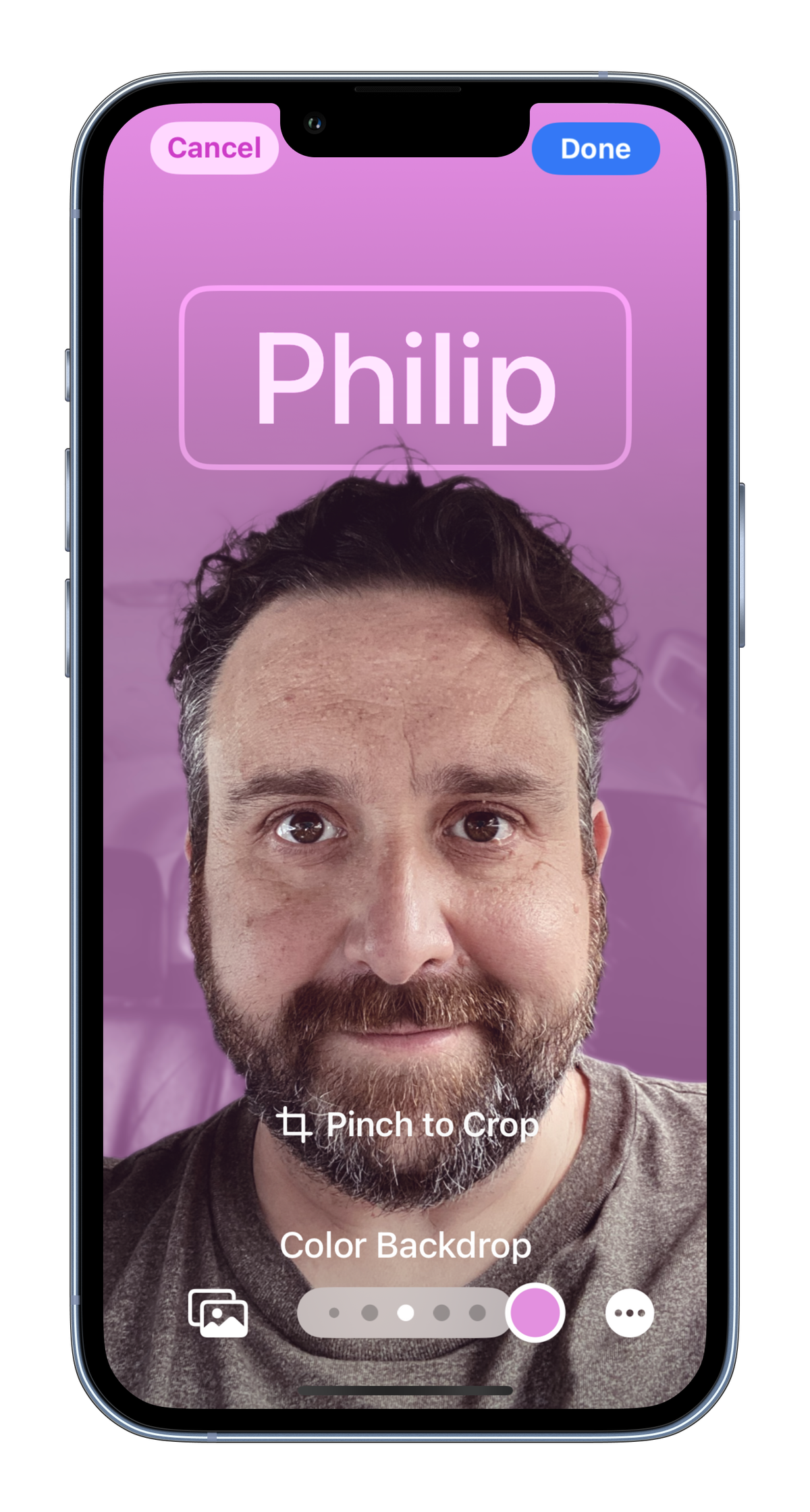 MockUPhone screenshots of the contact poster on iOS 17 showing my face with name and different color and filter options