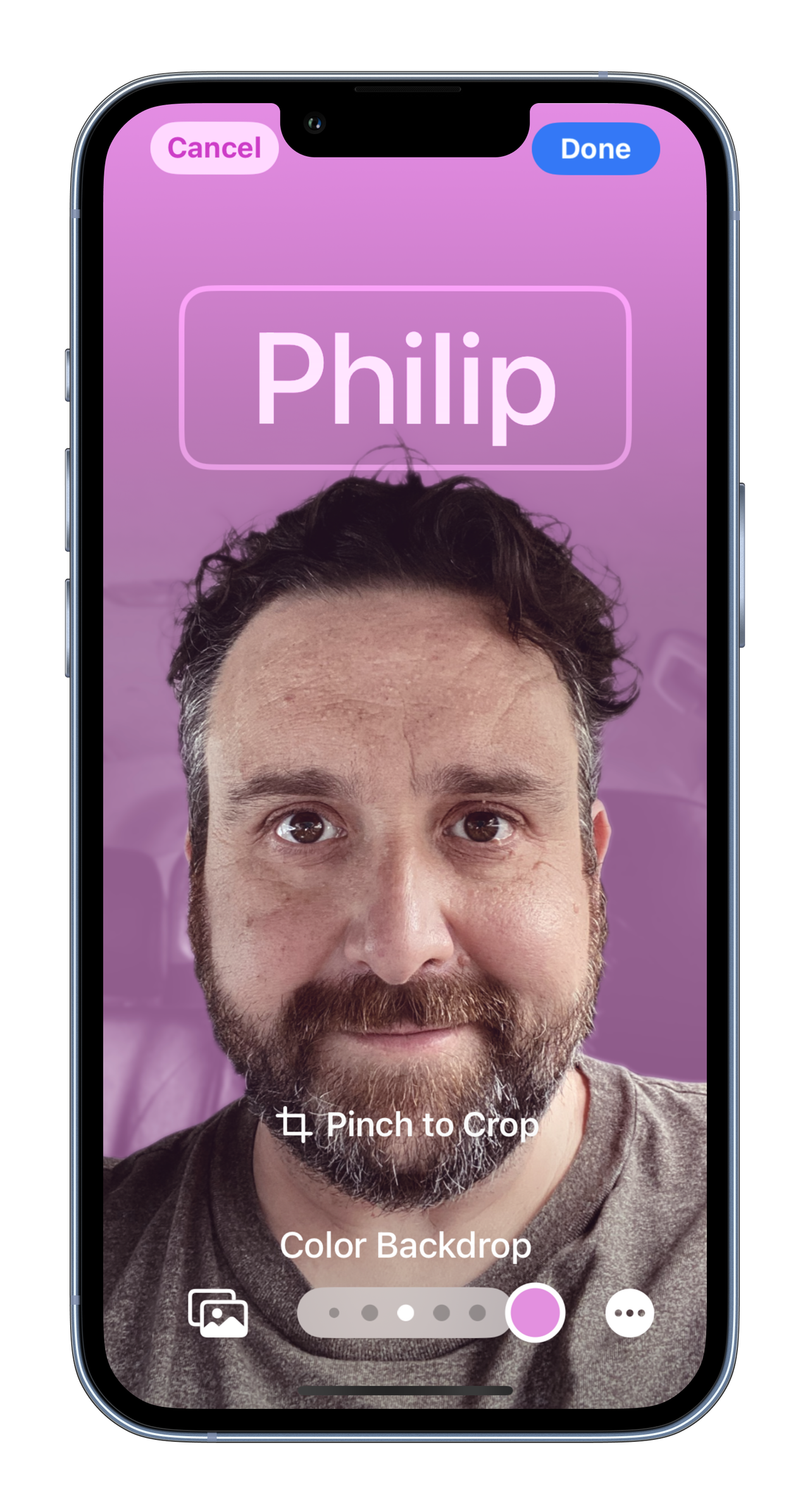 MockUPhone screenshots of the contact poster on iOS 17 showing my face with name and different color and filter options