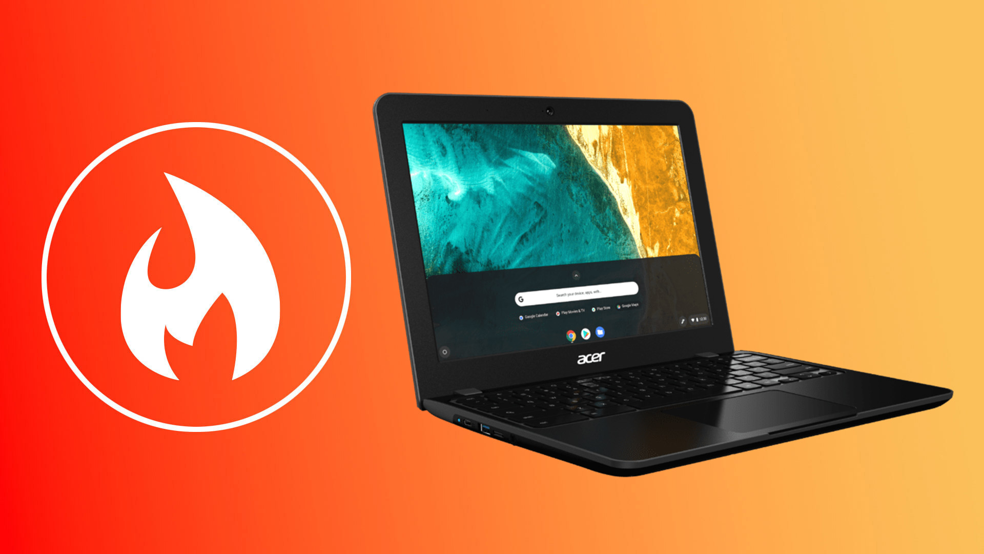 Acer Chromebook 512 next to a flame icon on orange background