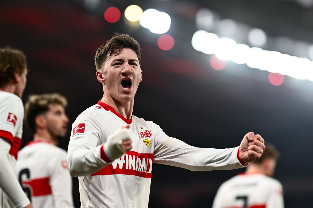 Angelo Stiller of Stuttgart celebrates his team's first goal during the Bundesliga match between VfB Stuttgart and FC Bayern München at MHPArena on February 28, 2025 in Stuttgart, Germany.