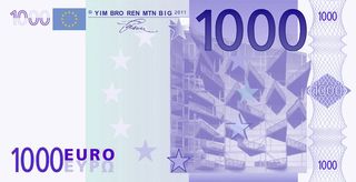 ’Euro-Afro’ by Bjarke Ingels Group. The front of a post card which looks like money with 1000 Euro, rectangular shapes and star on it.