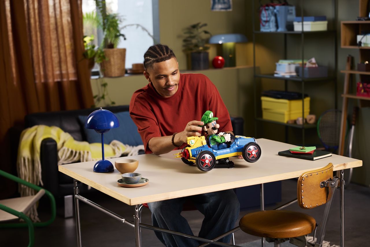 Different angles of the LEGO Luigi Mario Kart set
