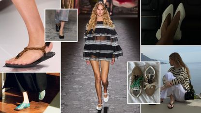 A collage of runway and influencer photos featuring summer 2024 shoe trends.