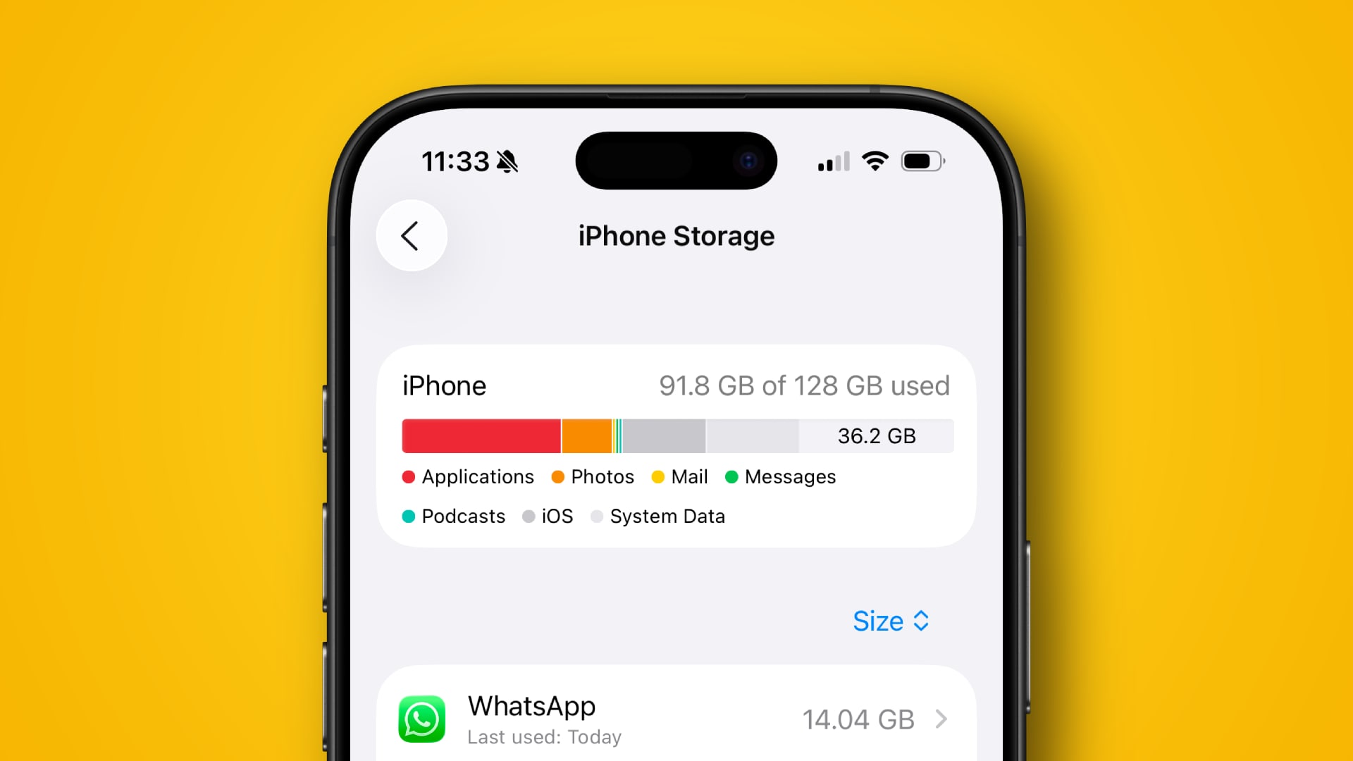 An iPhone 16 Pro showing its storage capacity.