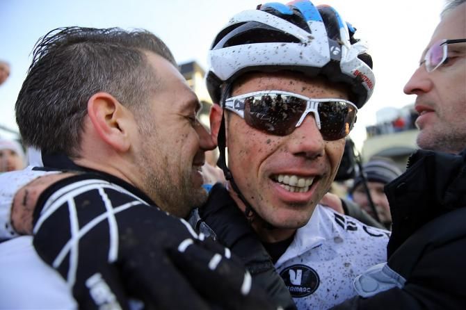 Sven Nys is all smiles at the finish line after earning his ninth national cyclo-cross championship