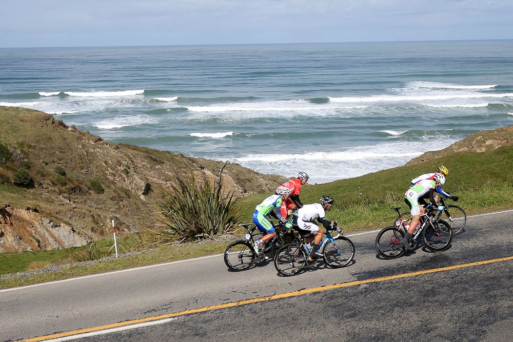 The breakaway group on the climb towards Tuatapere during stage three of the Tour of Southland