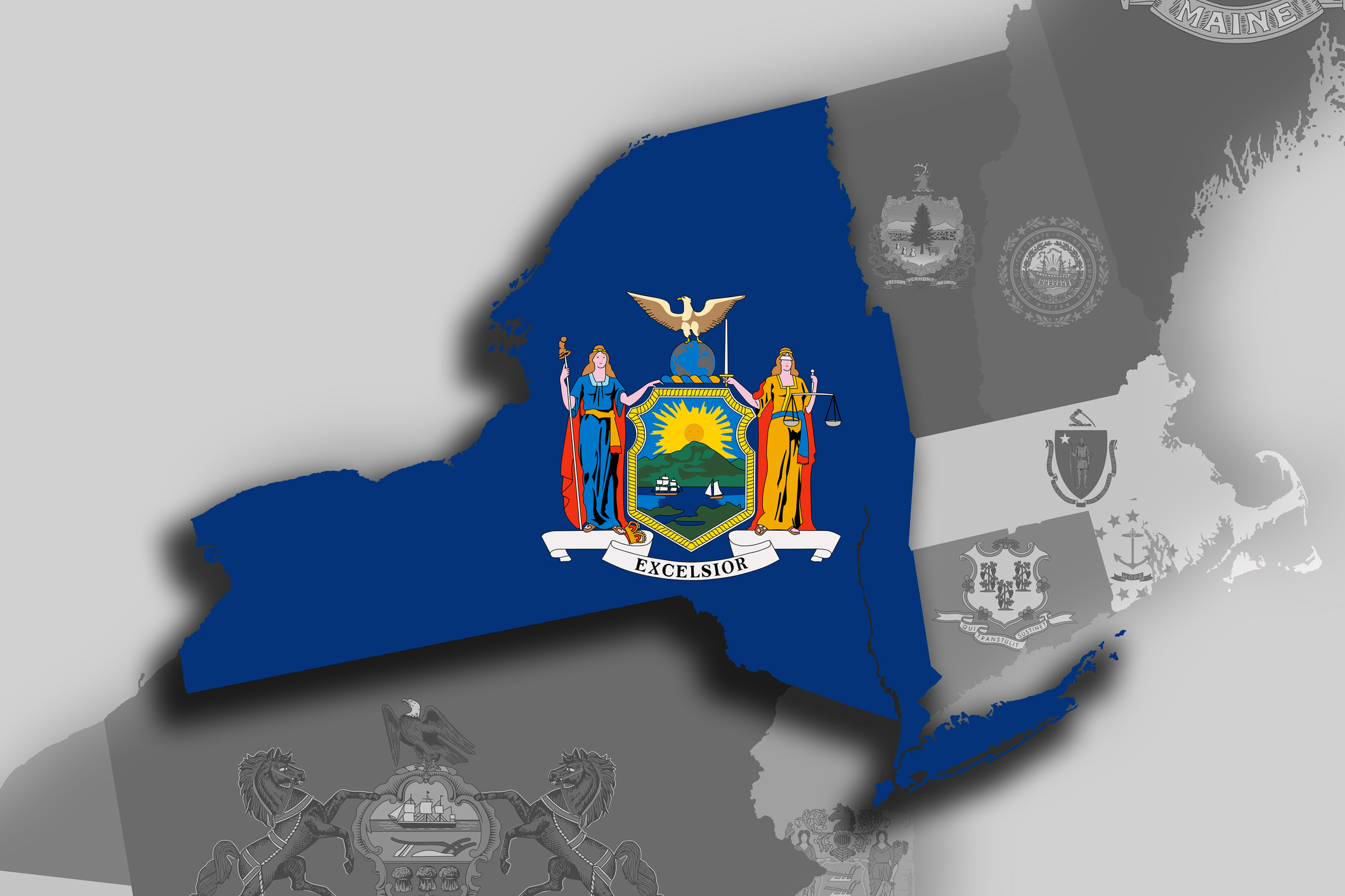Illustration of the State of New York silhouette map and flag