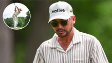Jason Day walks on to the green whilst wearing sunglasses