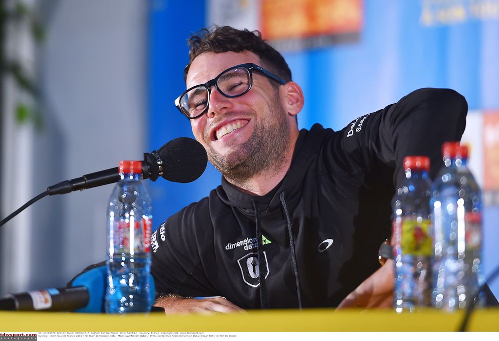 Mark Cavendish has a laugh at the pre-Tour press conference.