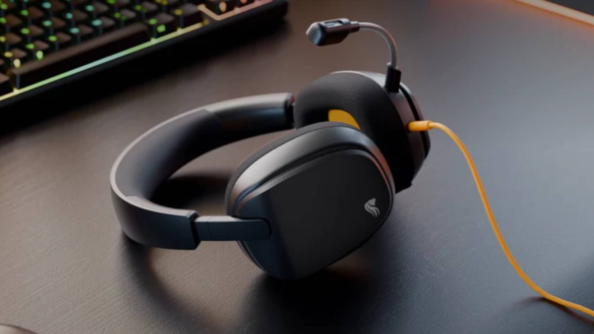 Official marketing image showing the Glorious GHS Eternal headset sitting on a black gaming desk.