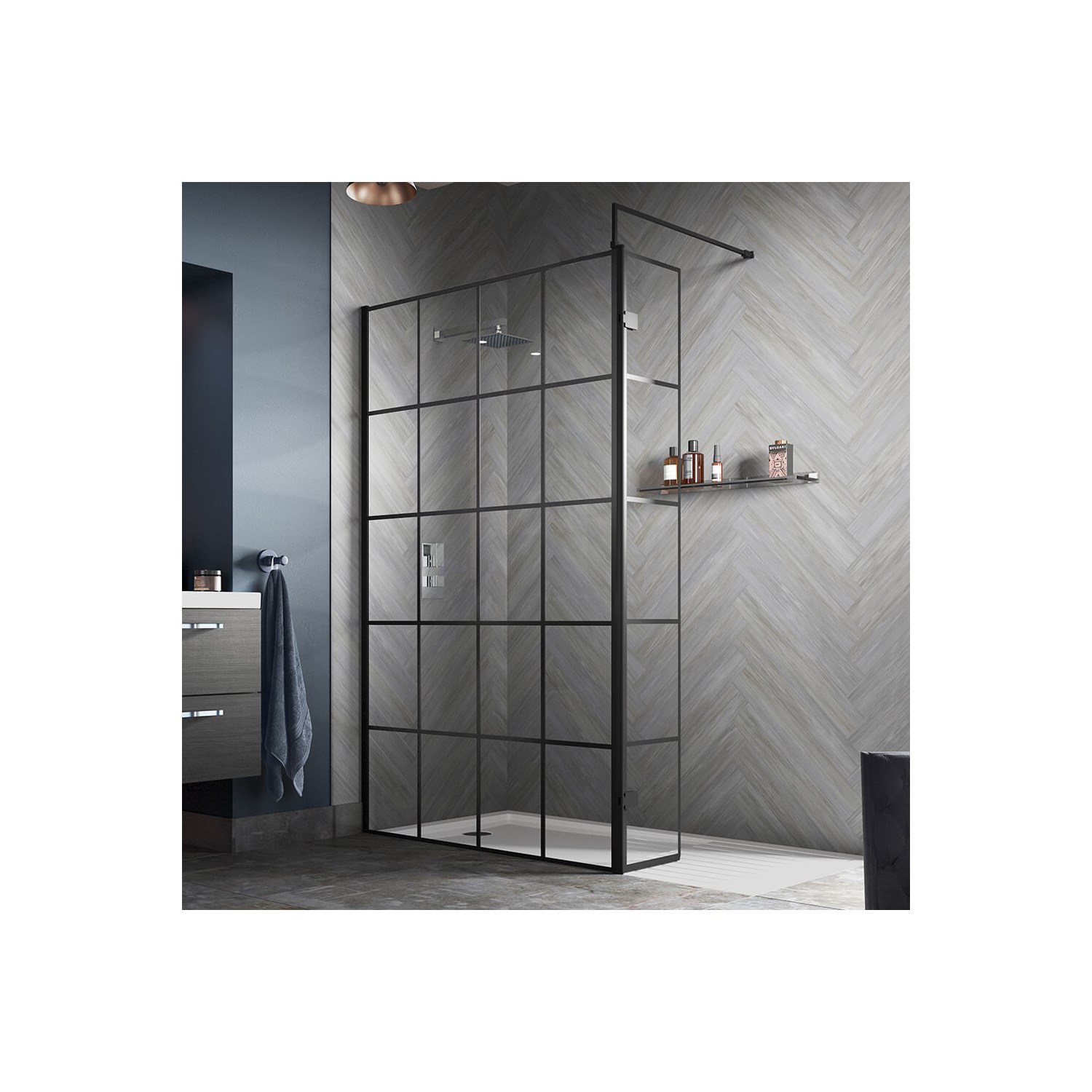 Vellamo City 8mm Framed Matt Black Easy Clean Walk in Panel &amp;amp; Optional Return Screen