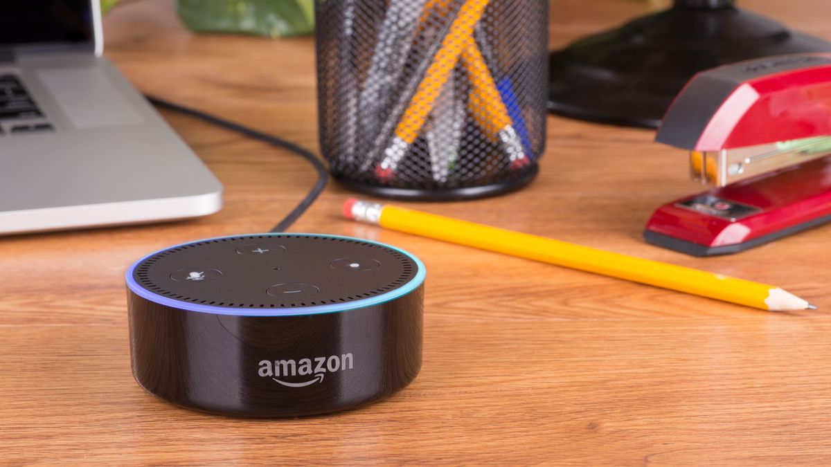 Alexa speaker sitting on a desk