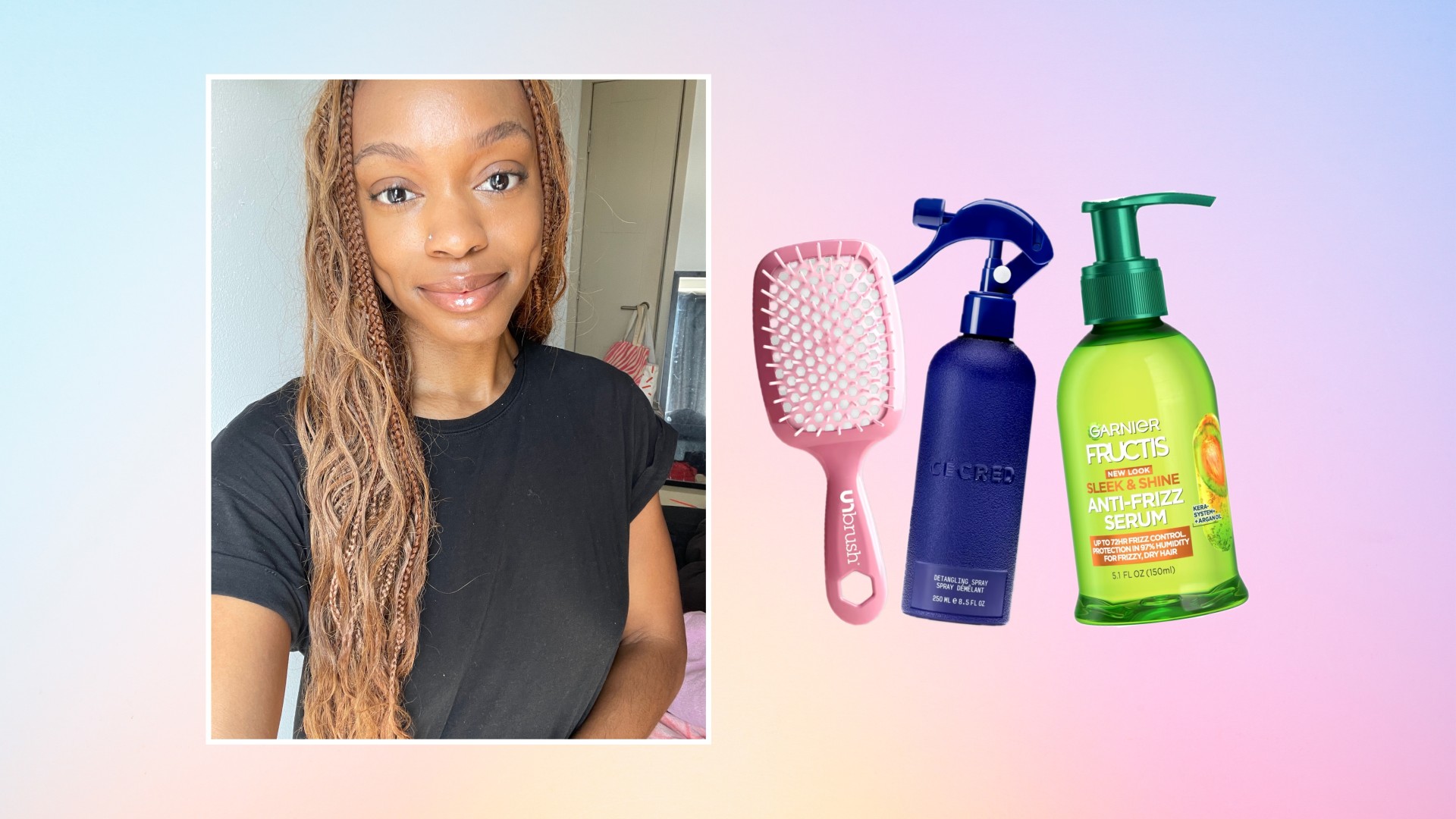an edit of a person with braids next to three beauty products