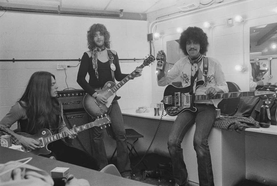 Thin Lizzy, rehearsing backstage in a dressing room at the Roundhouse, London, 3rd November 1974.