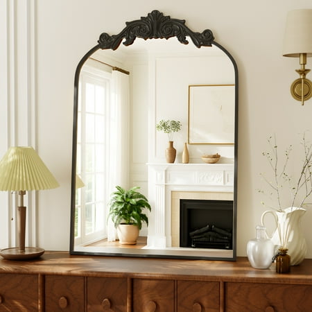 Beautypeak 38"x 24" Wall Decor Mirror Arched Metal Vintage Bathroom Mirror,black