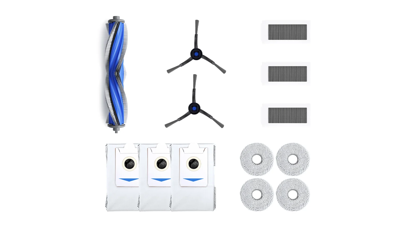 Ecovacs X5 Pro Omni consumables, including main brush, side brushes, filters, mop pads and dust bags