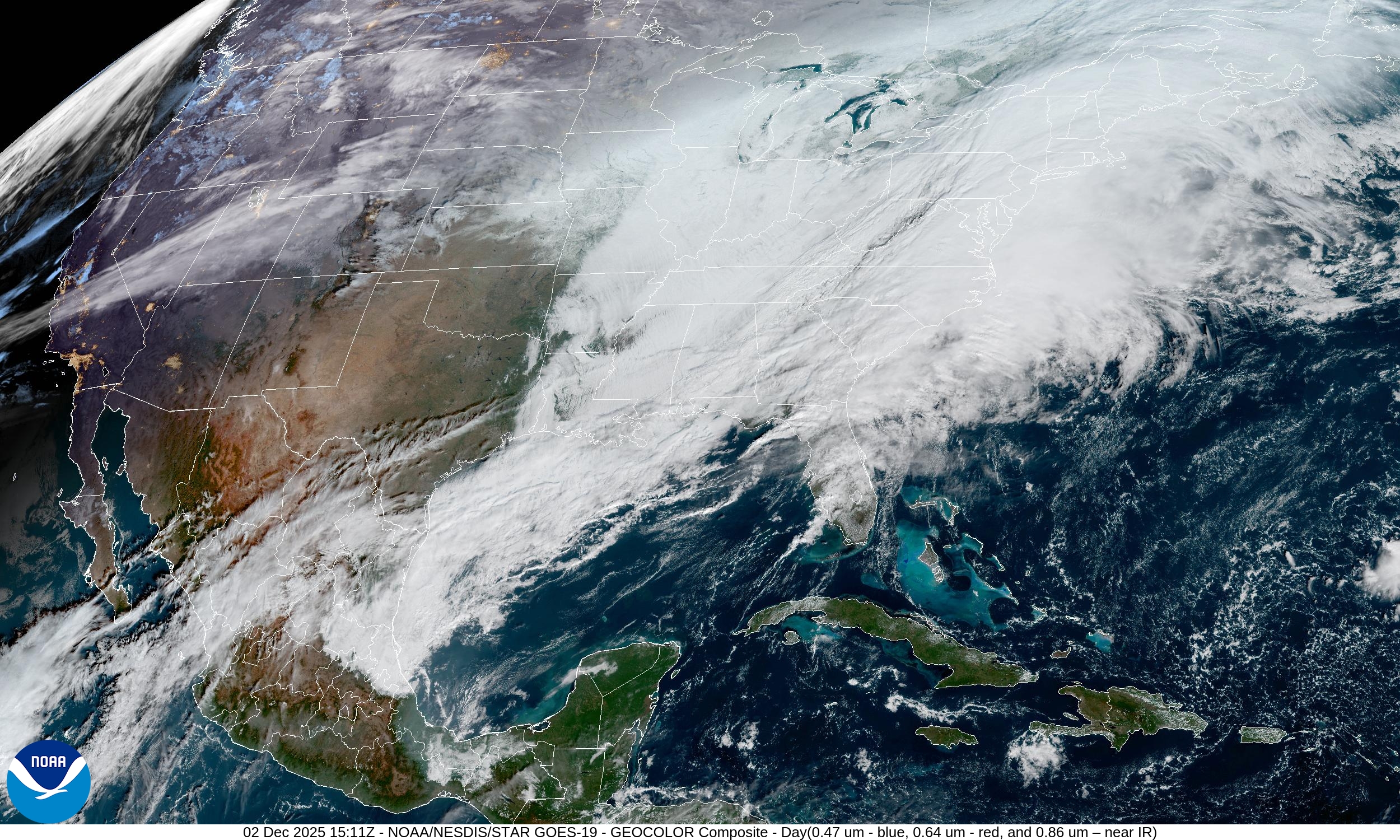 A satellite of image of storm clouds moving over the U.S. and Canada.