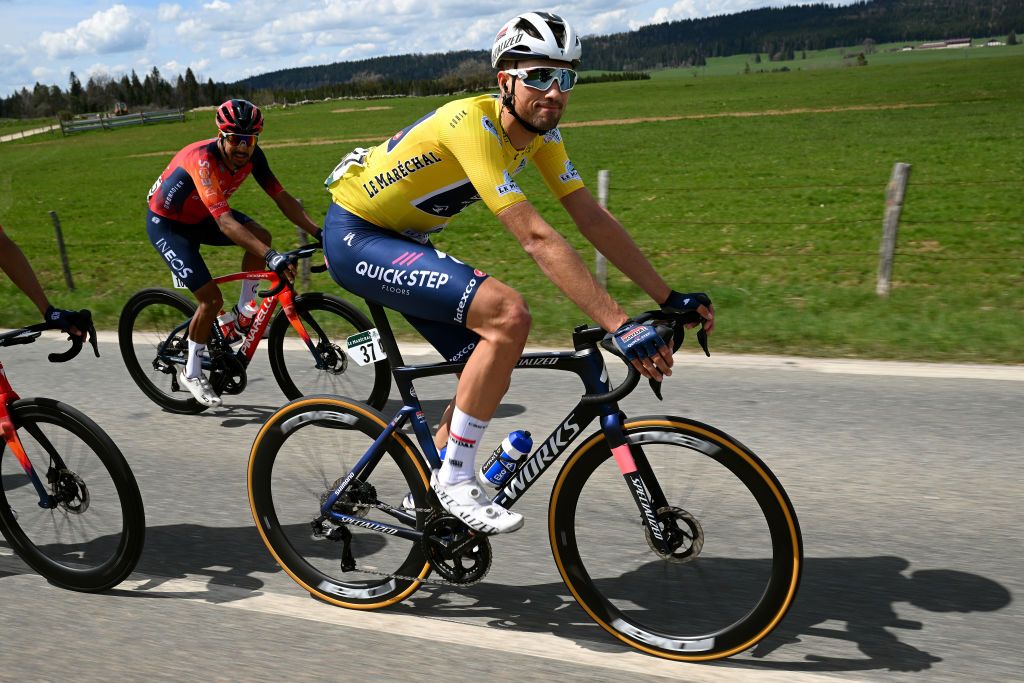 LA CHAUXDEFONDS SWITZERLAND APRIL 27 LR Brandon Rivera of Colombia and Team INEOS Grenadiers and Ethan Vernon of United Kingdom and Team Soudal QuickStep Yellow leader jersey compete during the 76th Tour De Romandie 2023 Stage 2 a 1627km stage from Morteau to La ChauxdeFonds UCIWT on April 27 2023 in La ChauxdeFonds Switzerland Photo by Dario BelingheriGetty Images