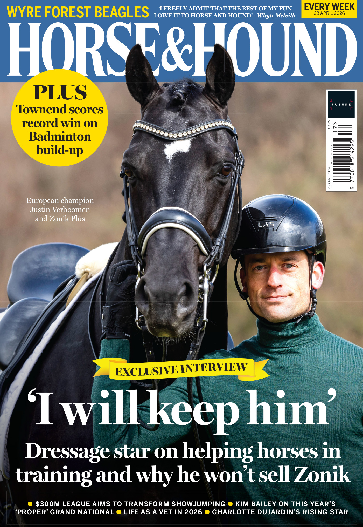 Cover of Horse &amp; Hound, featuring a Justin Verboomen in green wearing a riding hat holding the bridle of black stallion Zonik Plus. Zonik has a white star.