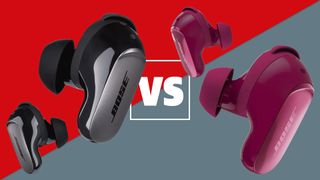 The Bose QuietComfort Ultra Earbuds Gen 2 and Gen 1 on a red and grey background with a white versus sign between them.
