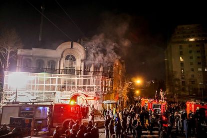 Iranian protesters torched the Saudi embassy in Tehran, perhaps giving the Saudis the upper hand