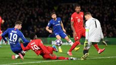 Bayern Munich goalkeeper Manuel Neuer saves a shot from Chelsea’s Mason Mount 