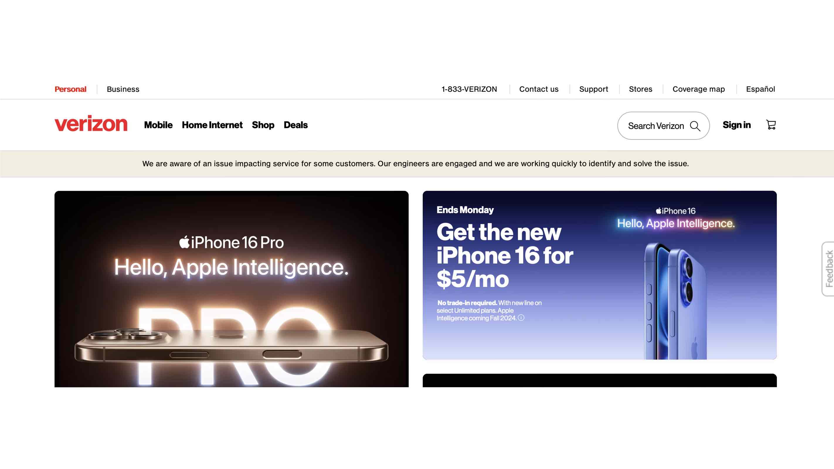 Verizon homepage showing outage statement.