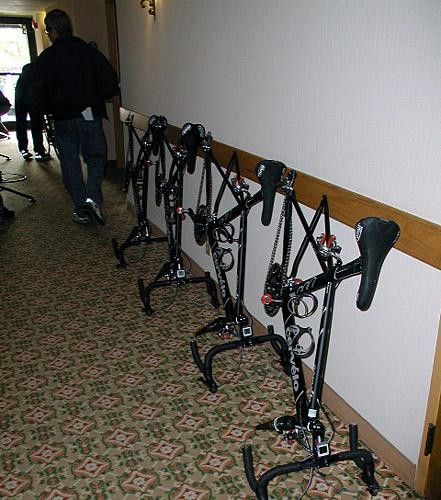 CSC's Cervelos, sans wheels are still pretty cool