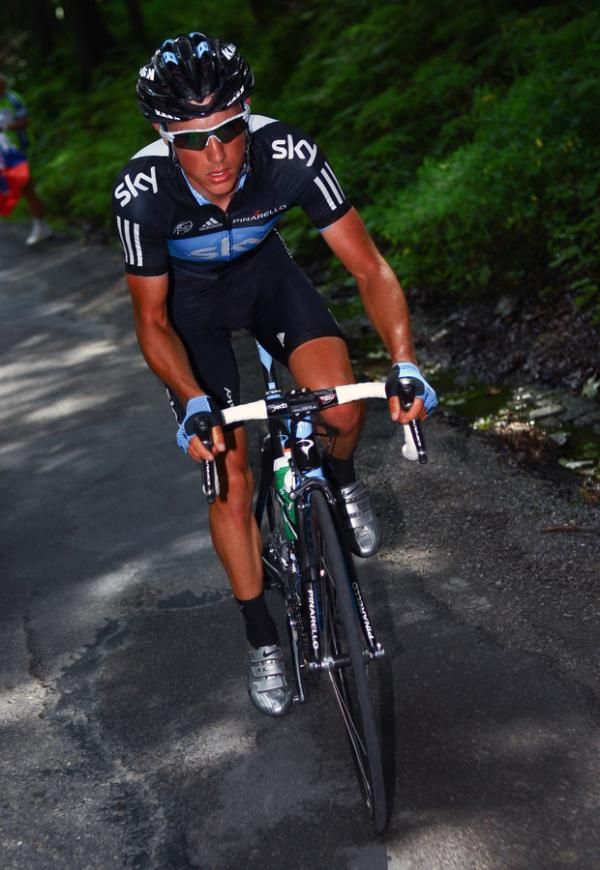 Sky rider Peter Kennaugh gets out of the saddle in Poland.